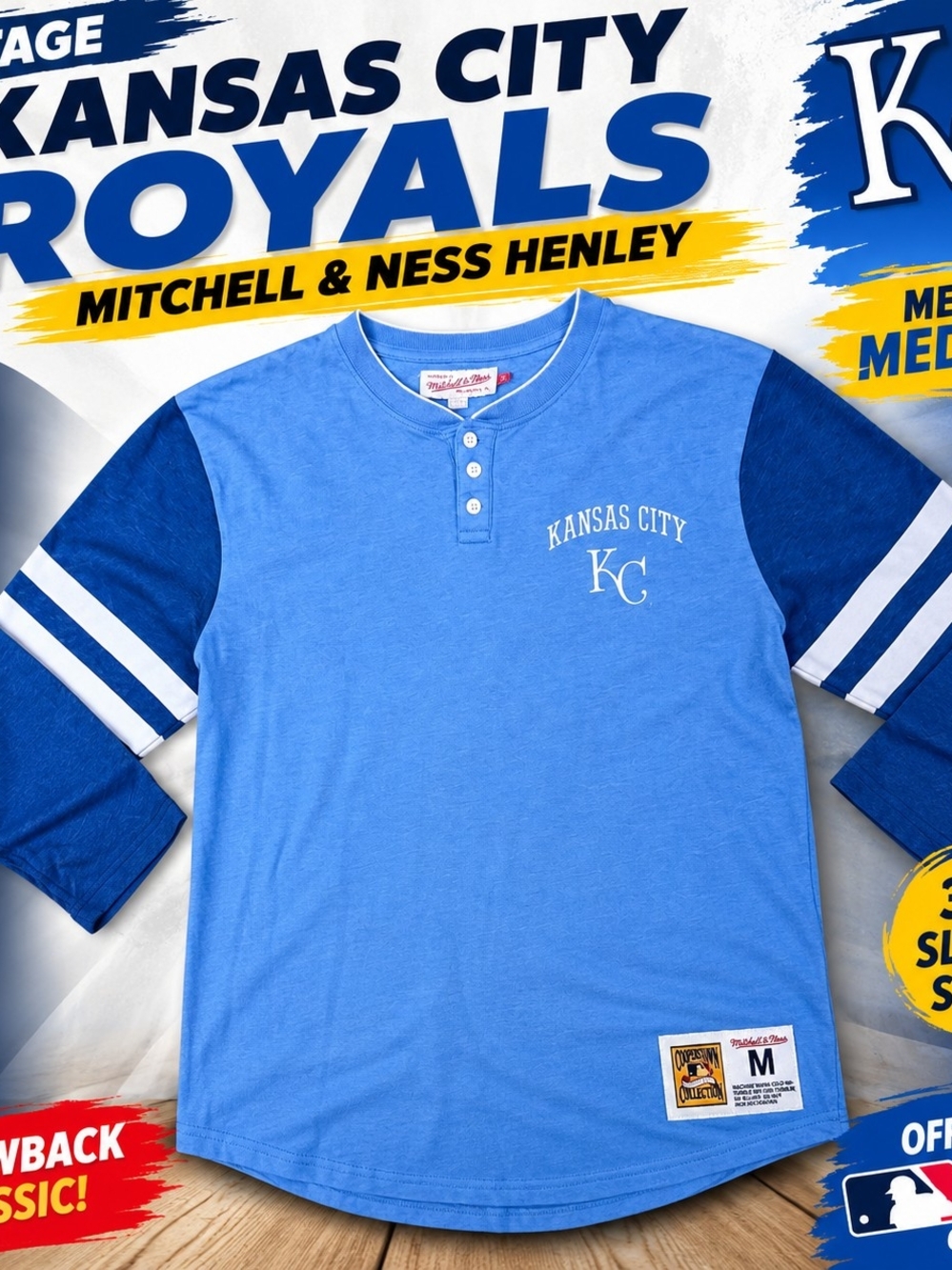 Mitchell & Ness Kansas City Royals Henley Shirt Men's Medium Blue 3/4 Sleeve MLB